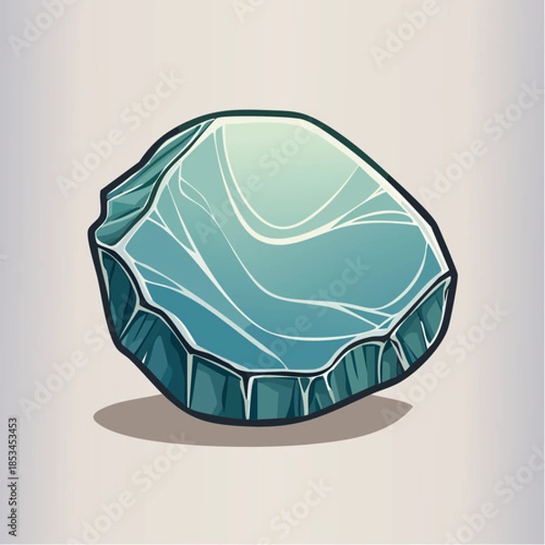 Fototapeta Illustration of a blue-green stone with white swirls and a jagged edge, casting a shadow.