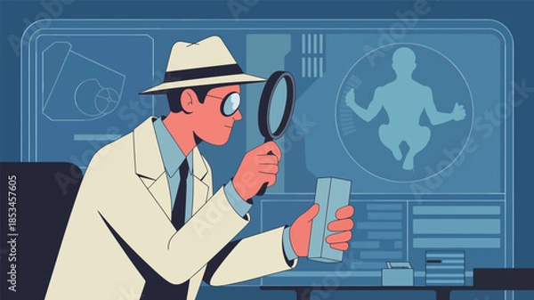 Obraz Detective examines object with magnifying glass on futuristic screen
