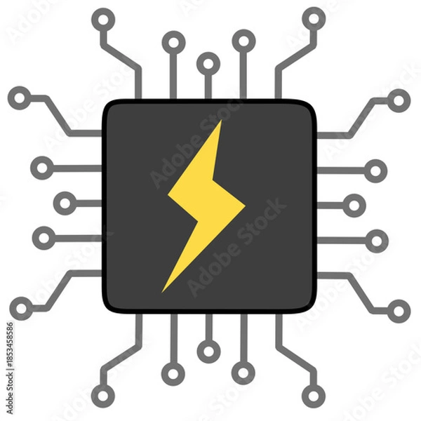 Obraz Black computer chip icon with lightning bolt and circuit lines