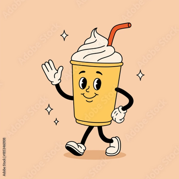 Fototapeta Friendly groovy milkshake cartoon character waving hand, playful retro mascot milkshake illustration for branding, stickers, social media, fun food design