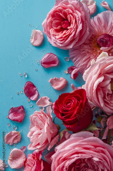 Obraz SNS投稿や広告に使える青背景のバラ花背景フラットレイ縦構図. 生成AI