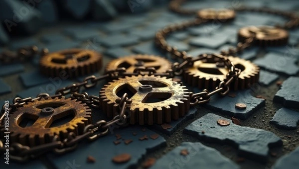 Obraz Interconnected gears on rusty surface