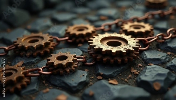 Obraz Interlocking gears on rustic surface