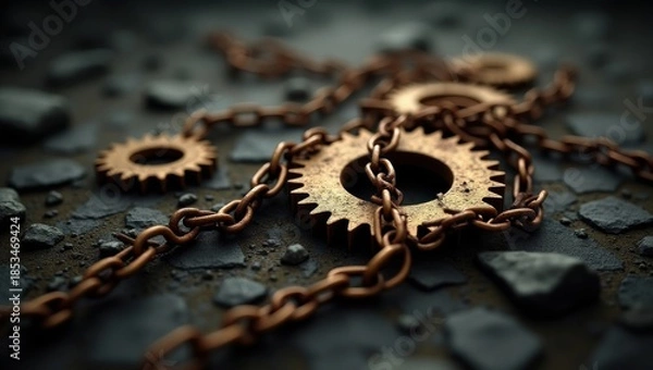 Obraz Rusted gears and chains on dark surface