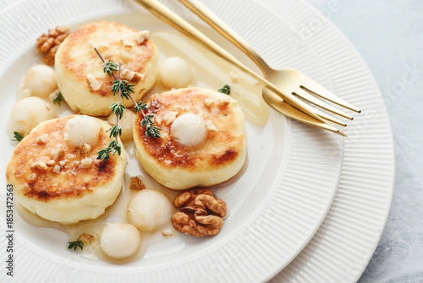 Obraz cottage cheese pancakes, syrniki, curd fritters with pear balls, walnut and honey
