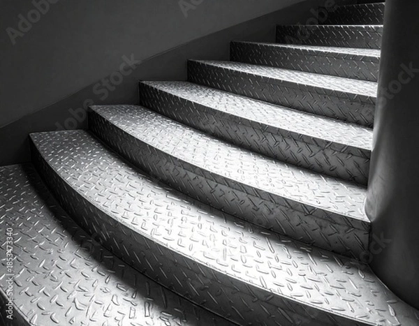 Obraz Curved metal staircase with textured diamond plate steps spirals downward