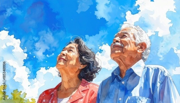 Obraz 仲良く空を見上げる老夫婦