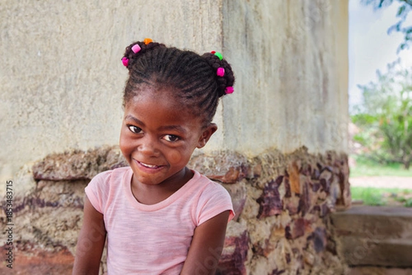 Obraz village happy african girl child profile portrait, cornrows braids dreadlocks hairstyle, big toothy smile, outdoors in the nature ,stone wall behind