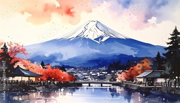 Obraz 富士山の風景画（水彩イラスト）