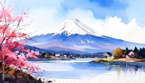 Obraz 富士山の風景画（春のイラスト素材、静岡、山梨、日本の旅行）