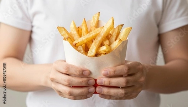 Fototapeta Close-up of hands holding a paper sleeve of golden french fries as a casual savory snack
