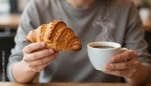 Fototapeta Hands holding a buttery croissant and steaming cup of coffee at a cozy cafe table, close-up morning breakfast scene