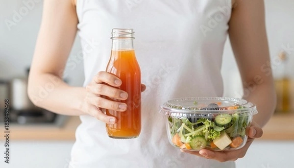 Fototapeta Person holding a bottle of orange juice and a clear plastic container with a fresh mixed salad