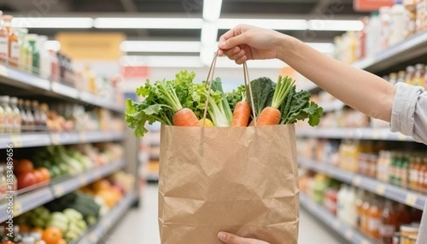 Fototapeta Paper grocery bag filled with fresh carrots and leafy greens held by a shopper in a supermarket aisle
