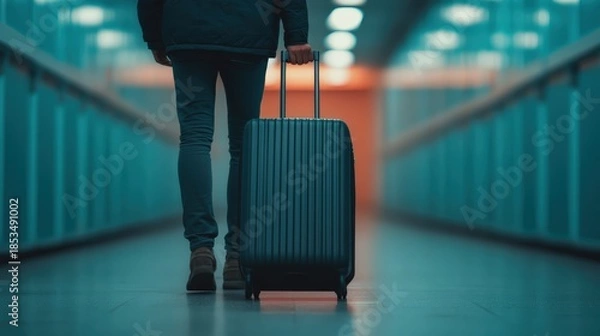 Obraz A traveler walks down a stylish corridor, pulling a sleek suitcase, evoking a sense of adventure and anticipation.