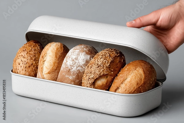 Obraz Hand opening bread box with assorted fresh baked bread loaves on gray background