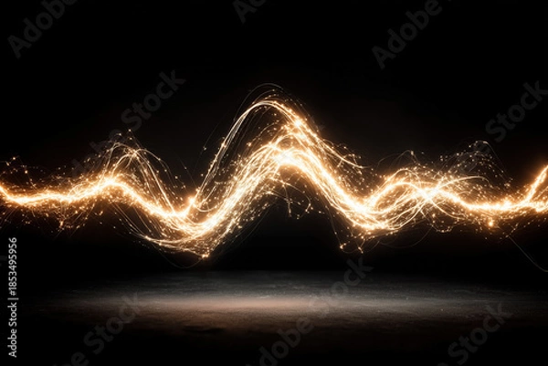 Obraz Abstract glowing light waves on black background with sparkling particles