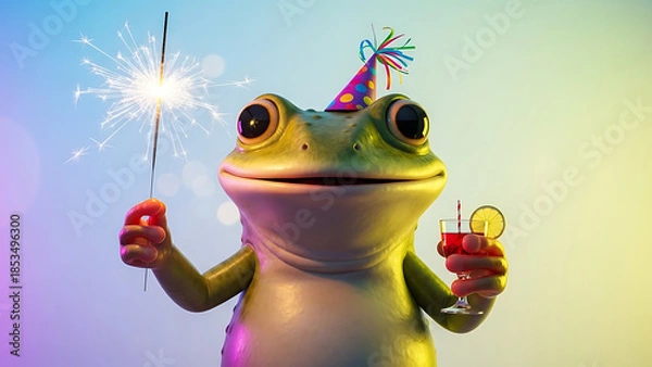 Obraz Celebrating frog with sparkler and drink