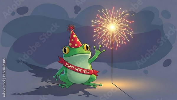 Obraz Frog celebrates new year with sparkler