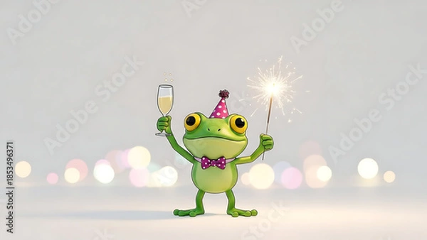 Obraz Celebrating frog with sparkler and drink