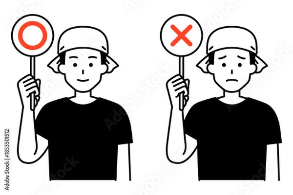 Fototapeta ○×マークを掲げる居酒屋の男性店員