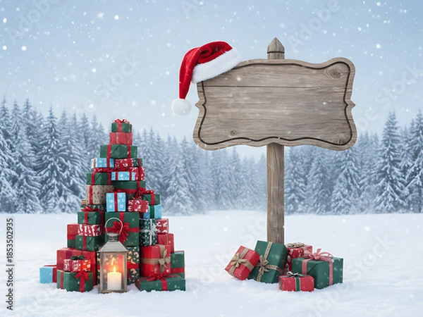 Fototapeta Holiday Christmas background with Santa Claus and a gift boxes and wooden sign. Christmas / Holiday Celebration / Winter Season