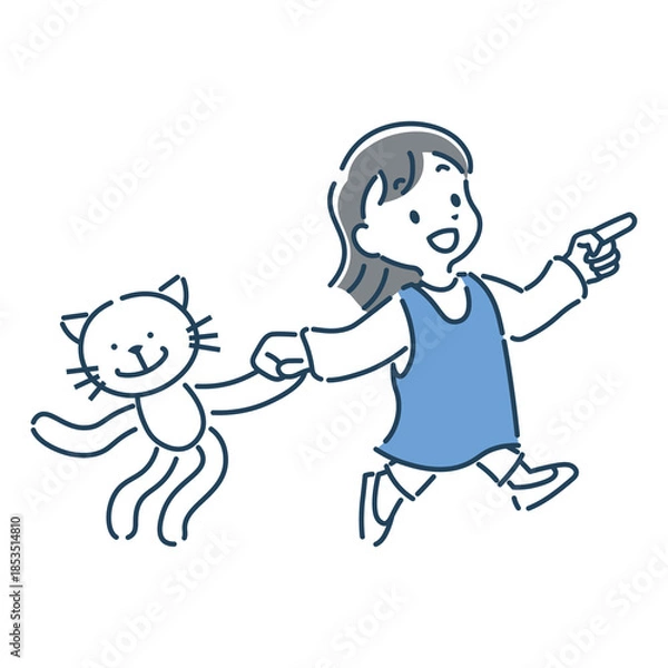 Obraz 猫のぬいぐるみを持って笑顔で歩く女の子の可愛いシンプルなイラスト素材