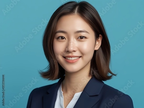 Obraz 青背景で微笑む若いアジア人ビジネスウーマンの上半身イラスト。信頼感と清潔感のある女性人物素材