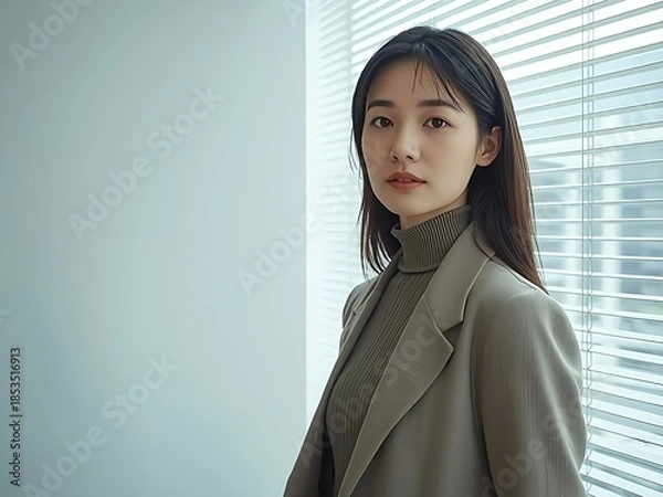Obraz 窓際のオフィスで佇む若いアジア人ビジネス女性のポートレート 余白のあるコーポレートイメージ
