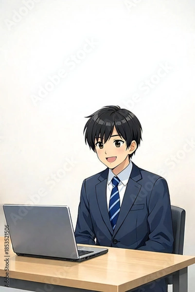 Obraz ノートパソコンでオンライン面接を受けるスーツ姿の男性のアニメイラスト