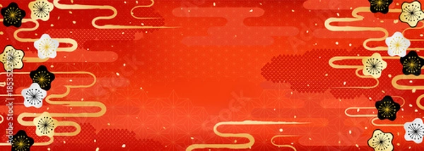 Obraz 梅の花と日本の伝統模様を組み合わせた華やかな背景イラスト