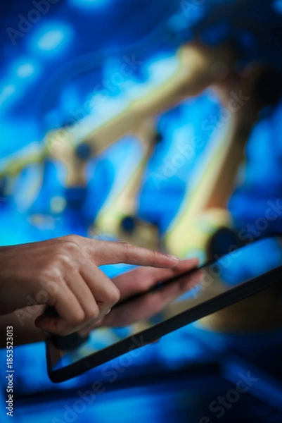 Fototapeta Woman using tablet computer in automated factory with robotic arms, representing smart industry, digital manufacturing, industrial technology, process control, innovation, modern production systems.