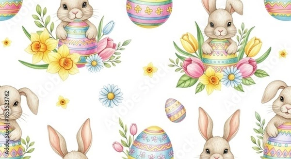 Obraz Whimsical easter pattern featuring bunnies, decorated eggs, and blooming spring florals