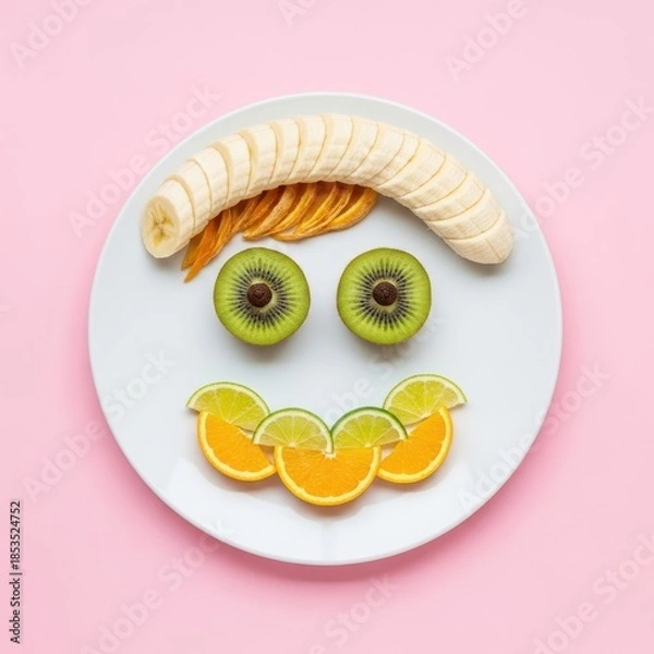 Obraz Whimsical fruit face composition on plate portraying joy and healthy choices