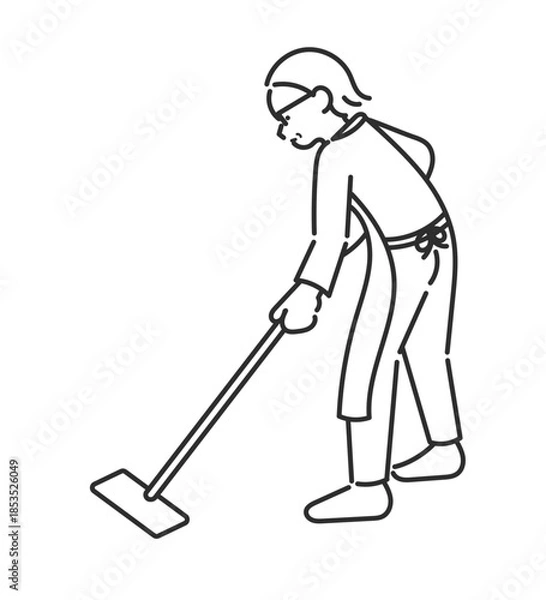 Fototapeta 床掃除をする40代女性のイラスト　線画のみ