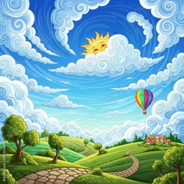 Obraz Whimsical journey: Cartoon illustration of a hot air balloon soaring through a dreamy landscape