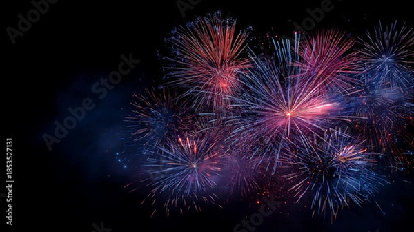 Obraz Spectacular Blue and Pink Firework Bursts Exploding in Dark Night Sky