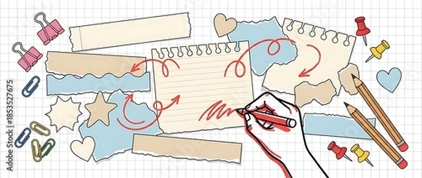 Obraz Hand Drawing Creative Notes and Scrapbook Elements on Grid Background