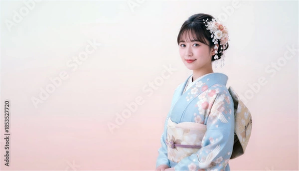 Obraz 淡い水色の振袖を着用し微笑む日本人女性