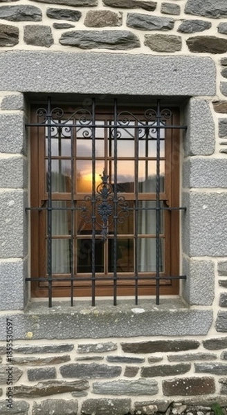 Obraz Window's Grille Frames Sunset Reflection, Stone Wall Adds Timeless Charm to Fa?ade