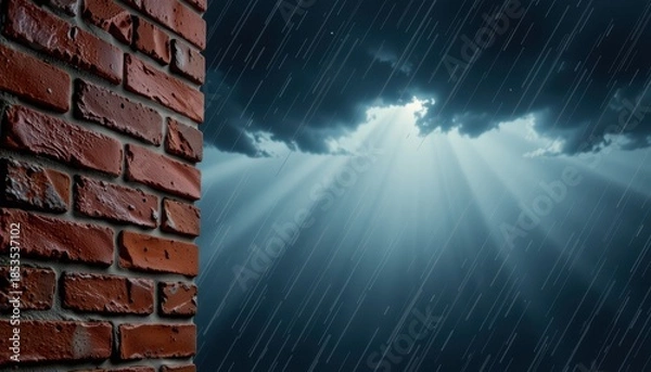 Obraz Dark clouds and rain with a brick wall on the side.