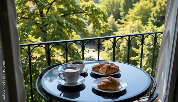 Obraz A cozy balcony breakfast with coffee and croissants overlooking greenery.