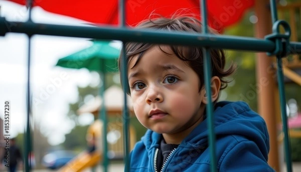 Obraz Child looking through a gate at a playground, with curious expression.