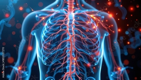 Obraz Visual depiction of human circulatory system with glowing elements.