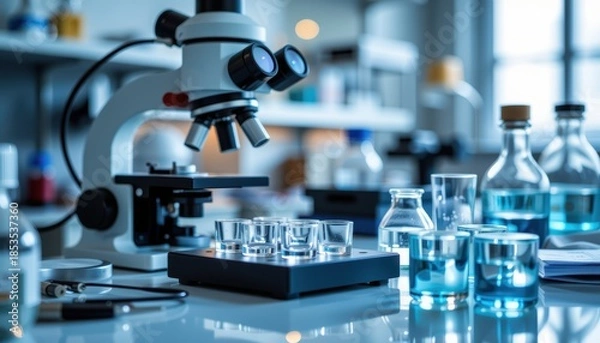 Obraz Laboratory equipment with glassware and a microscope on a workbench.