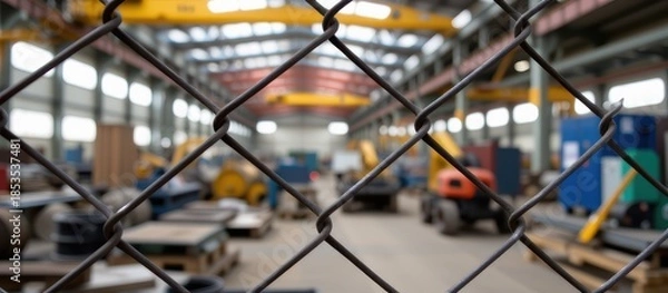 Obraz Industrial workspace viewed through chain-link fence.