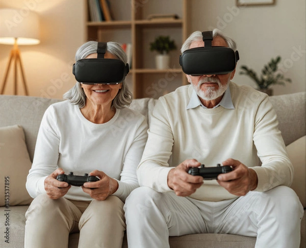 Obraz Senior Couple Enjoying Virtual Reality Gaming
