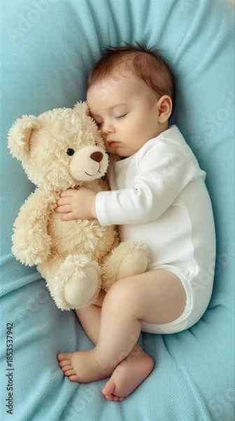 Obraz Baby sleeping peacefully with a teddy bear