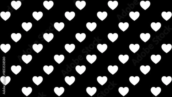 Obraz 黒背景に白いハートが並ぶ斜めストライプのパターン背景イラスト。モノクロのシンプルな壁紙素材