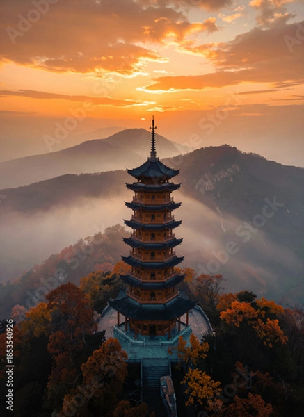 Obraz Sunrise over a Mountain Pagoda